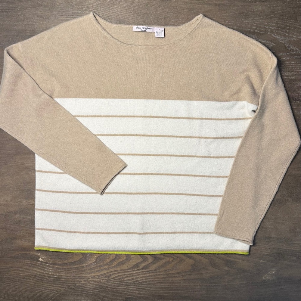 Olivia & Grace 100%‎ Cashmere Striped Crew Neck Sweater Women Size L Beige White